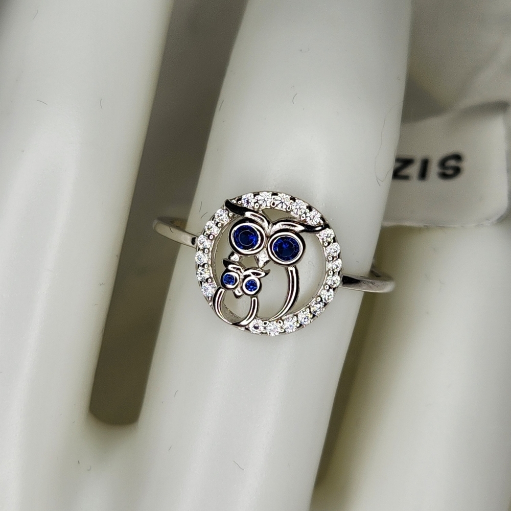 Sz.8 Sapphire Eye Circle Owl Ring